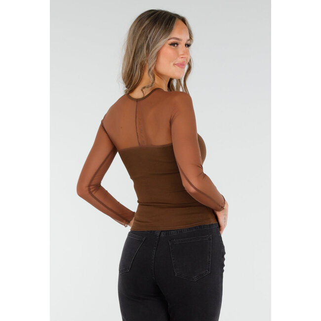 Braunes langärmeliges Mesh-Top mit eingearbeiteten Pads