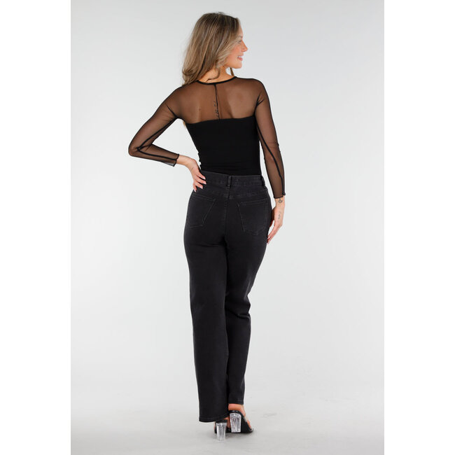 Schwarzes Mesh-Top mit langen Ärmeln und eingearbeiteten Pads