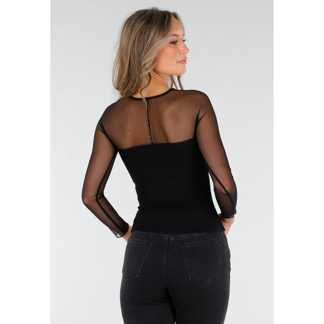 Schwarzes Mesh-Top mit langen Ärmeln und eingearbeiteten Pads