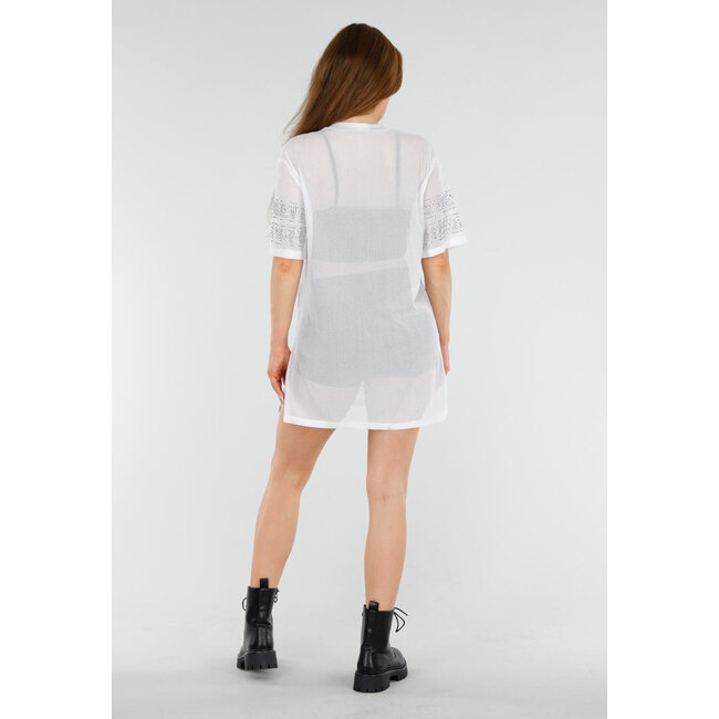 Weißes T-Shirt-Kleid aus Mesh mit silbernem Glitzer und Jersey-Druck