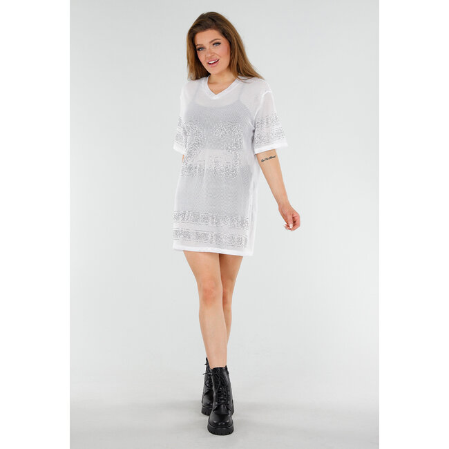 Weißes T-Shirt-Kleid aus Mesh mit silbernem Glitzer und Jersey-Druck