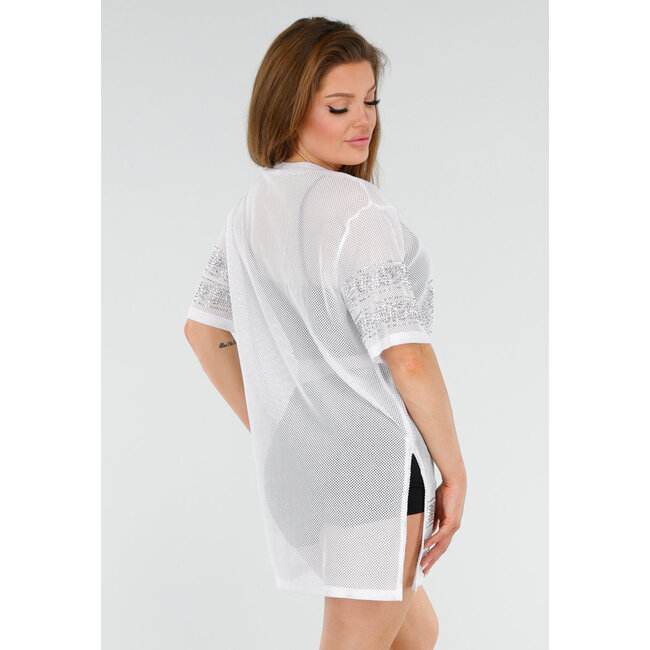 Weißes T-Shirt-Kleid aus Mesh mit silbernem Glitzer und Jersey-Druck