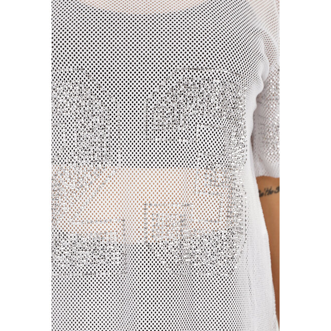 Weißes T-Shirt-Kleid aus Mesh mit silbernem Glitzer und Jersey-Druck