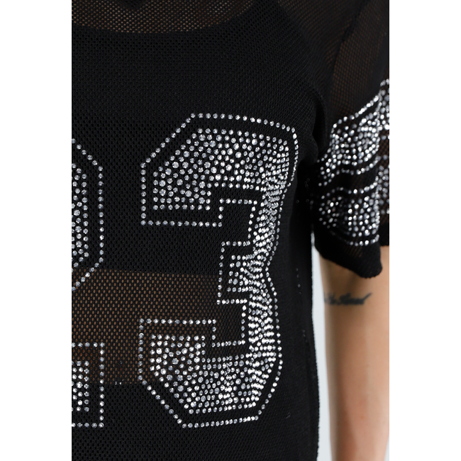 Schwarzes Mesh-T-Shirt-Kleid mit silbernem Glitzer und Zahlenaufdruck