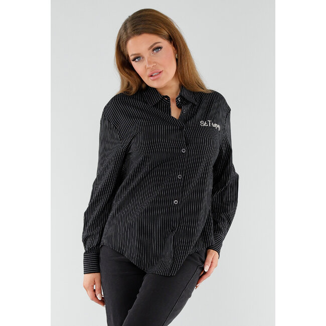 Schwarz gestreifte Bluse mit St. Tropez-Stickerei am Rücken