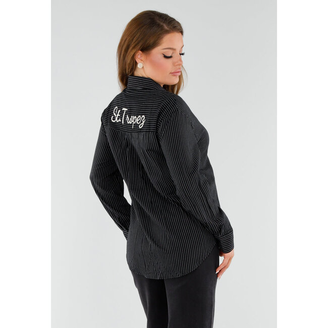 Schwarz gestreifte Bluse mit St. Tropez-Stickerei am Rücken