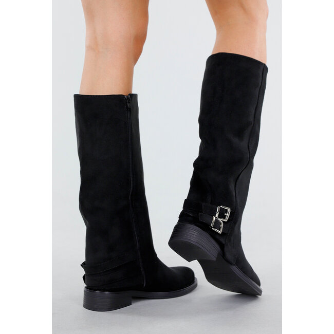 Schwarze hohe Stiefel mit Schnallendetail und niedrigem Absatz