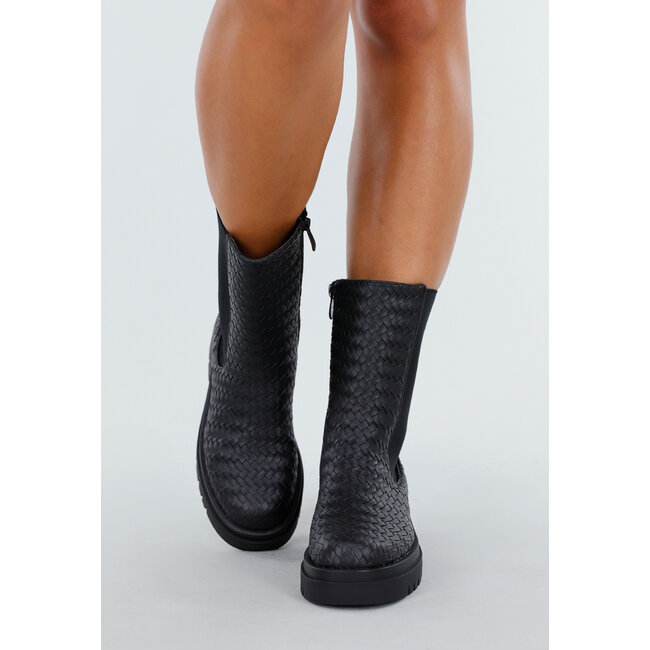 Schwarze Chelsea Boots mit gewebtem Detail und klobiger Sohle