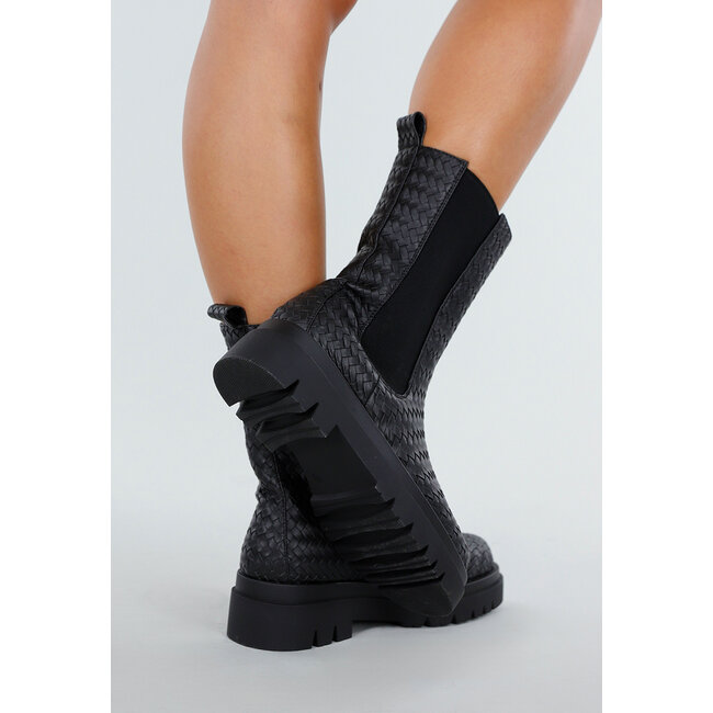 Schwarze Chelsea Boots mit gewebtem Detail und klobiger Sohle
