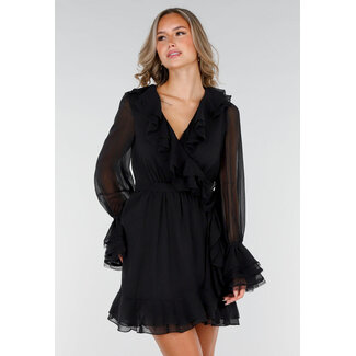 Schwarzes Wickelkleid mit Spitze