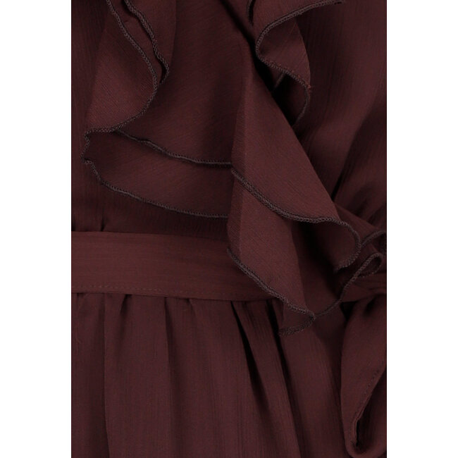 Braunes Wickelkleid mit Rüschen, Spitze und Schleifengürtel