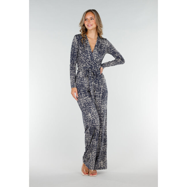 Beige-blauer Stretch-Jumpsuit mit All-Over-Print und Schleifengürtel