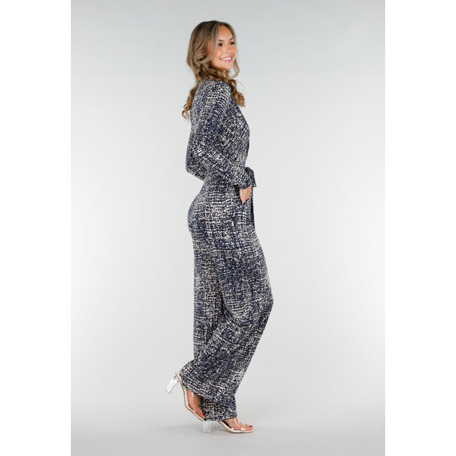 Beige-blauer Stretch-Jumpsuit mit All-Over-Print und Schleifengürtel