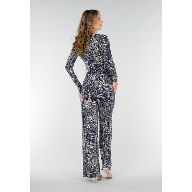 Beige-blauer Stretch-Jumpsuit mit All-Over-Print und Schleifengürtel