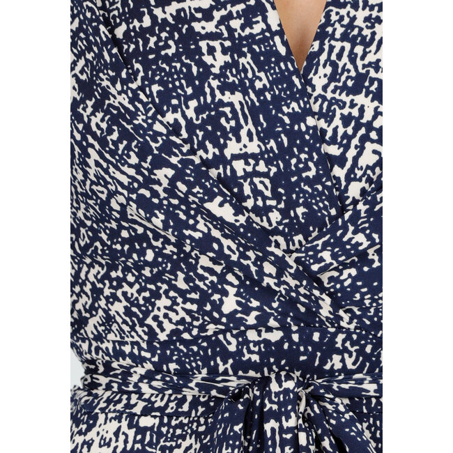 Beige-blauer Stretch-Jumpsuit mit All-Over-Print und Schleifengürtel