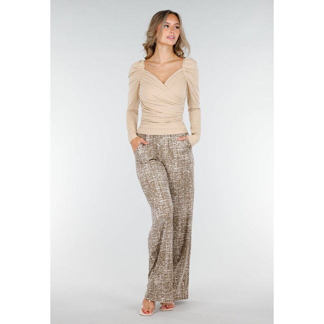 Kamelfarbene Stretch-Hose mit All-Over-Print und geraden Beinen