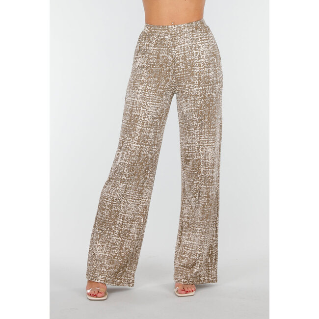 Kamelfarbene Stretch-Hose mit All-Over-Print und geraden Beinen
