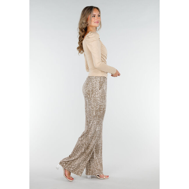 Kamelfarbene Stretch-Hose mit All-Over-Print und geraden Beinen