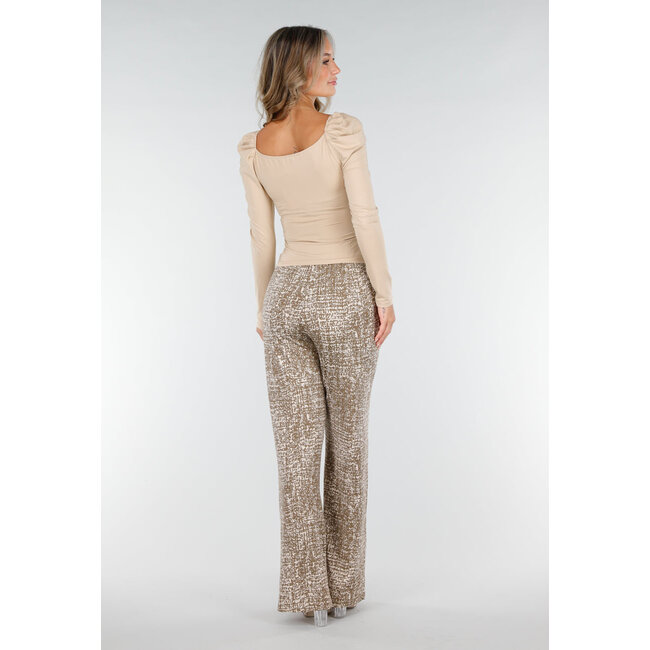Kamelfarbene Stretch-Hose mit All-Over-Print und geraden Beinen