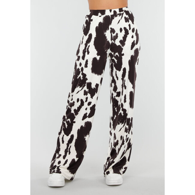 Braun-weiße Stretch-Hose mit Kuh-Print und geraden Beinen