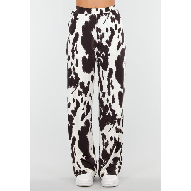 Braun-weiße Stretch-Hose mit Kuh-Print und geraden Beinen