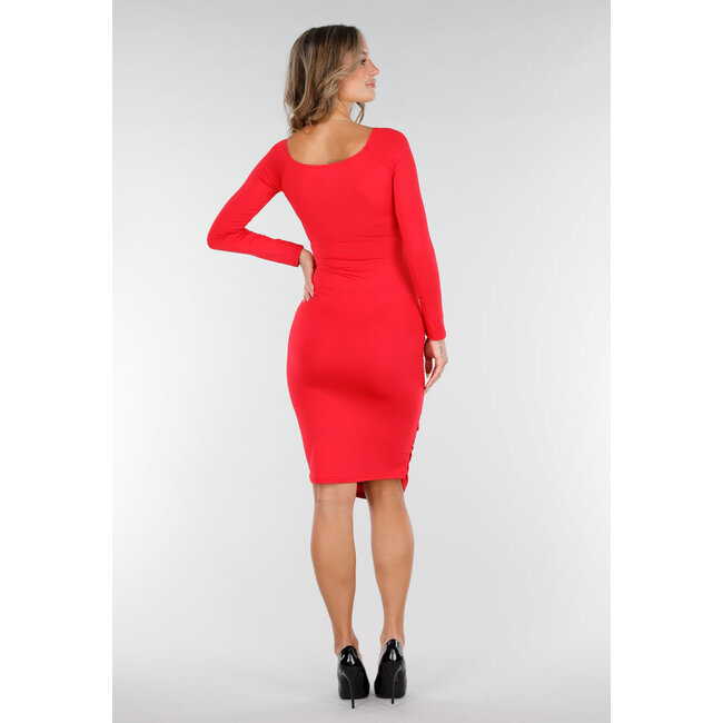 Rotes Kleid mit Revers, Rüschen und Stretch