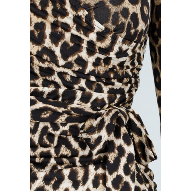 Leopardenkleid mit Revers, Falten und Stretch