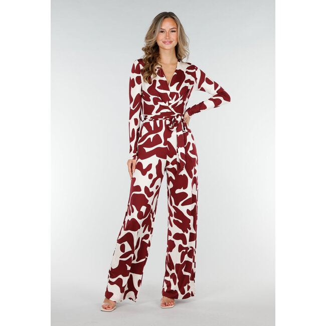 Bordeaux-weißer Stretch-Jumpsuit mit Druck und Schleifengürtel