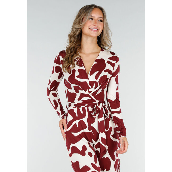 Bordeaux-weißer Stretch-Jumpsuit mit Druck und Schleifengürtel