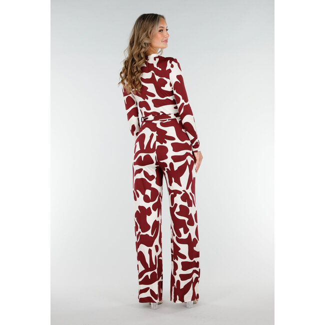 Bordeaux-weißer Stretch-Jumpsuit mit Druck und Schleifengürtel