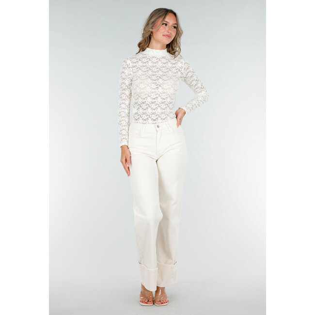 Langärmeliges Top mit Spitze in Beige und Farbe
