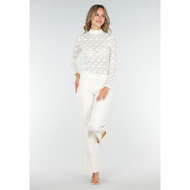Langärmeliges Top mit Spitze in Beige und Farbe