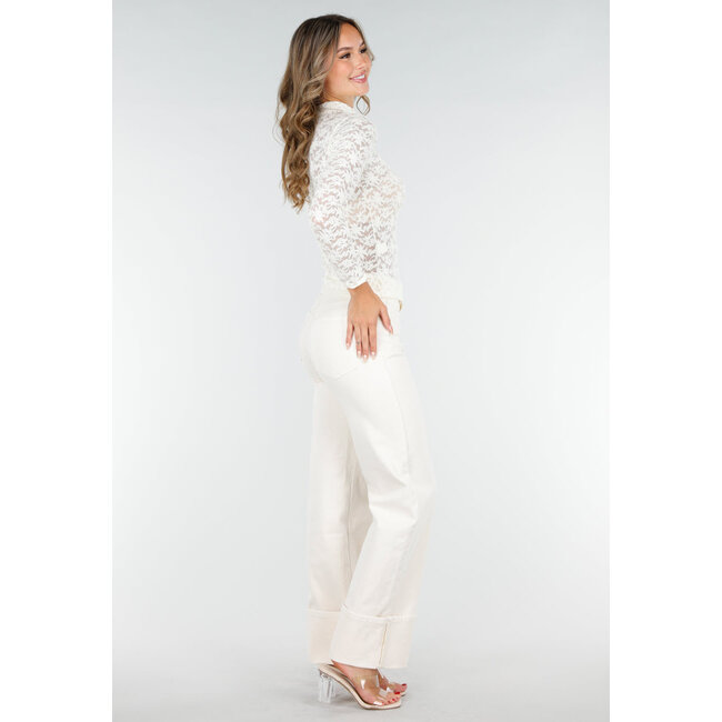 Langärmeliges Top mit Spitze in Beige und Farbe