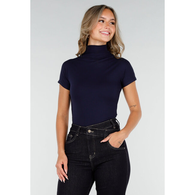 Marineblaues Stretch-Top mit Col und kurzen Ärmeln