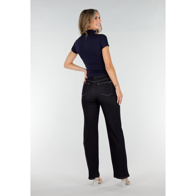 Marineblaues Stretch-Top mit Col und kurzen Ärmeln