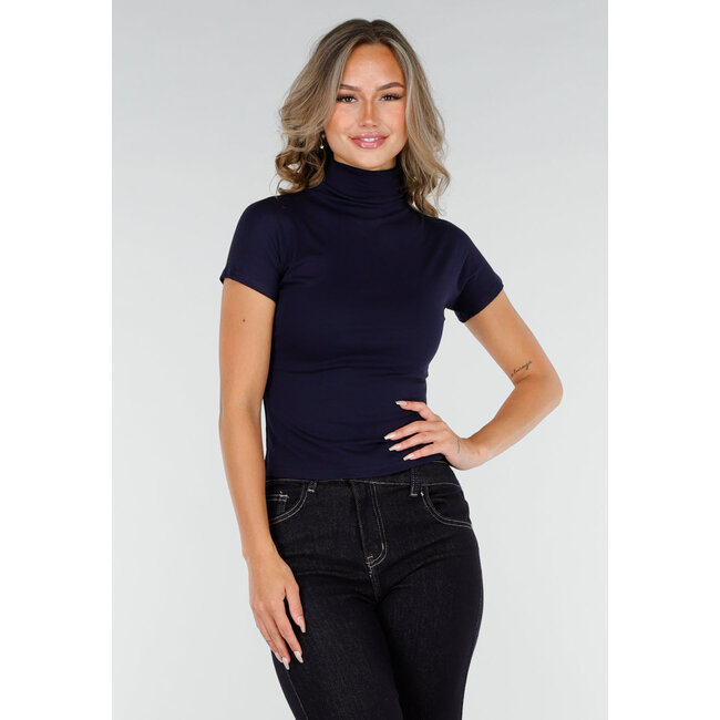 Marineblaues Stretch-Top mit Col und kurzen Ärmeln