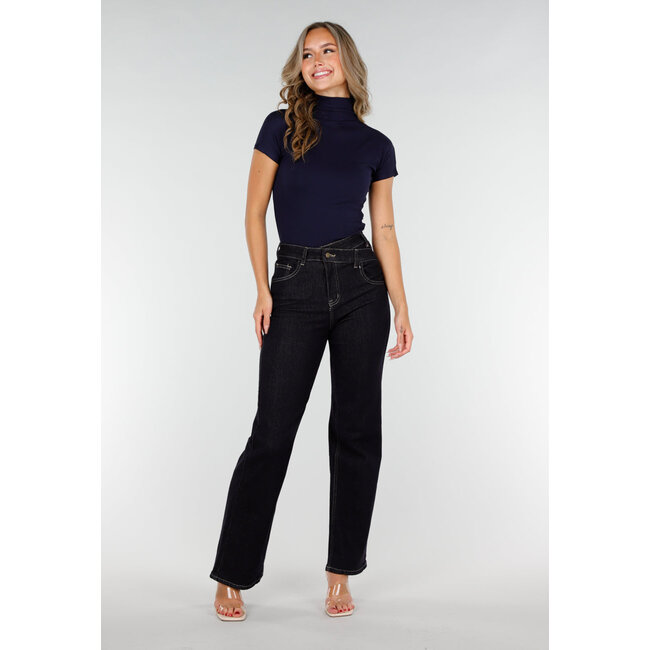 Marineblaues Stretch-Top mit Col und kurzen Ärmeln