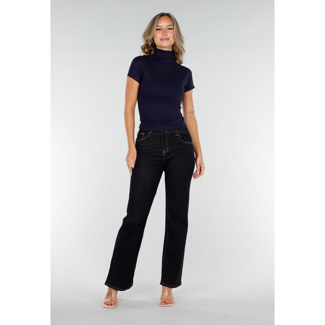 Marineblaues Stretch-Top mit Col und kurzen Ärmeln