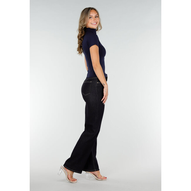 Marineblaues Stretch-Top mit Col und kurzen Ärmeln
