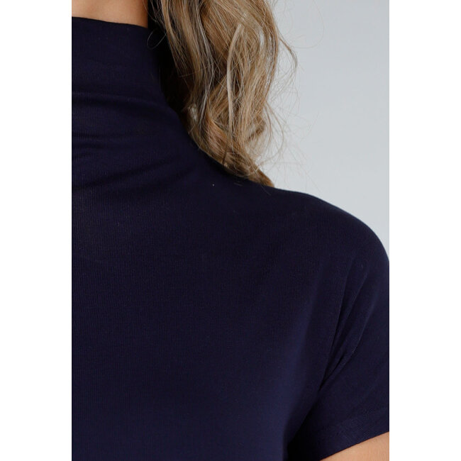 Marineblaues Stretch-Top mit Col und kurzen Ärmeln