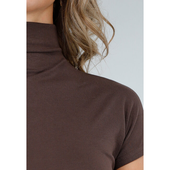 Braunes Stretch-Top mit Col und kurzen Ärmeln