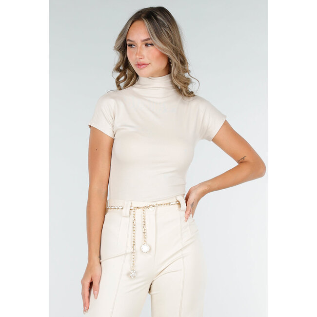 Beigefarbenes Stretch-Top mit Col und kurzen Ärmeln