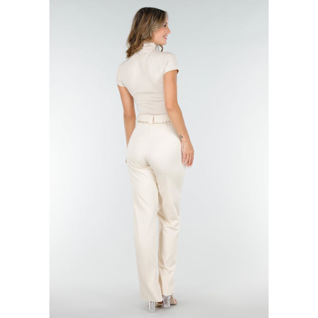 Beigefarbenes Stretch-Top mit Col und kurzen Ärmeln