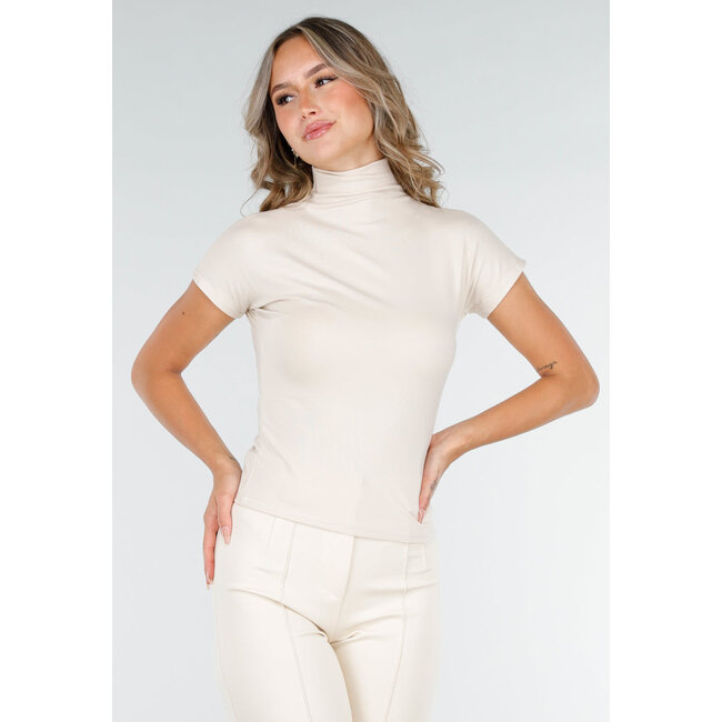 Beigefarbenes Stretch-Top mit Col und kurzen Ärmeln