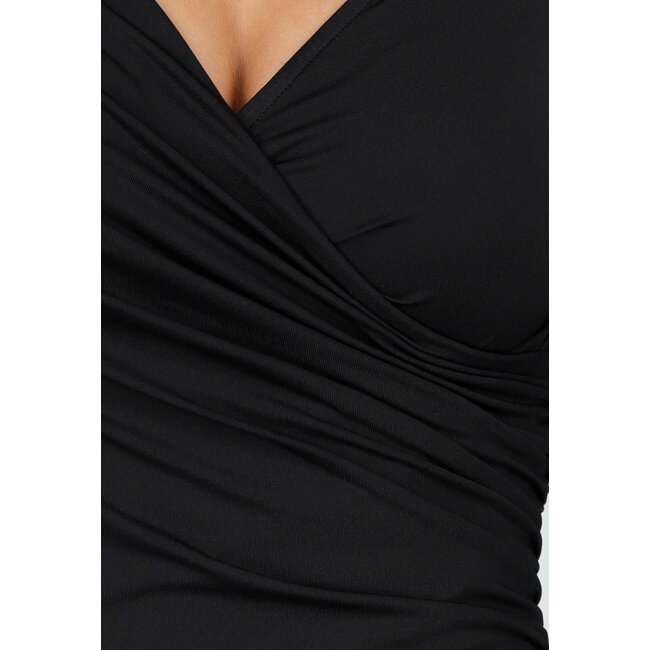 Schwarzes Top mit Overslag und Plissee-Detail aus Stretch