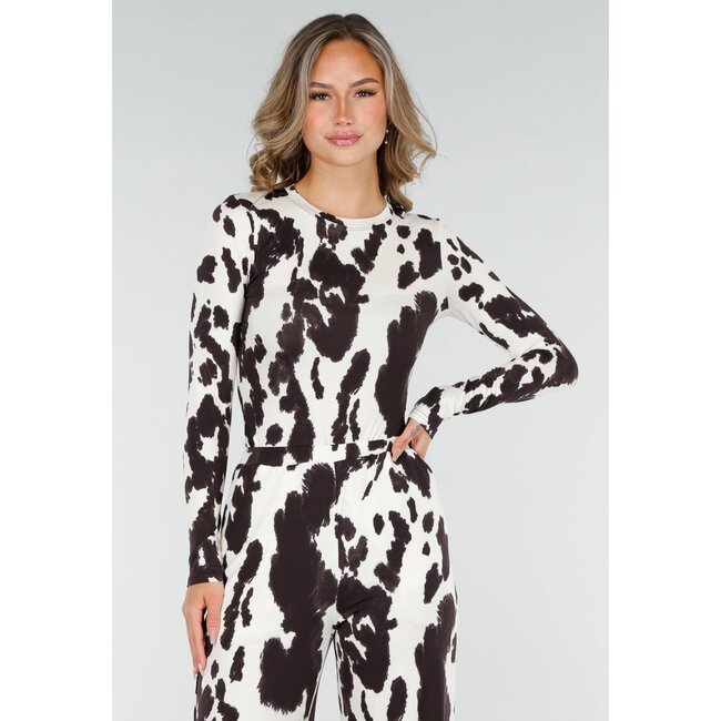 Brauner und weißer Stretch-Body mit Kuh-Print und langen Ärmeln