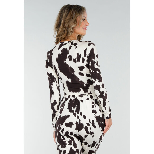Brauner und weißer Stretch-Body mit Kuh-Print und langen Ärmeln