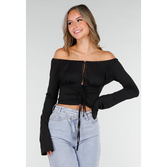 Schwarzes schulterfreies Crop-Top mit Stretch und Schleifen-Verschluss
