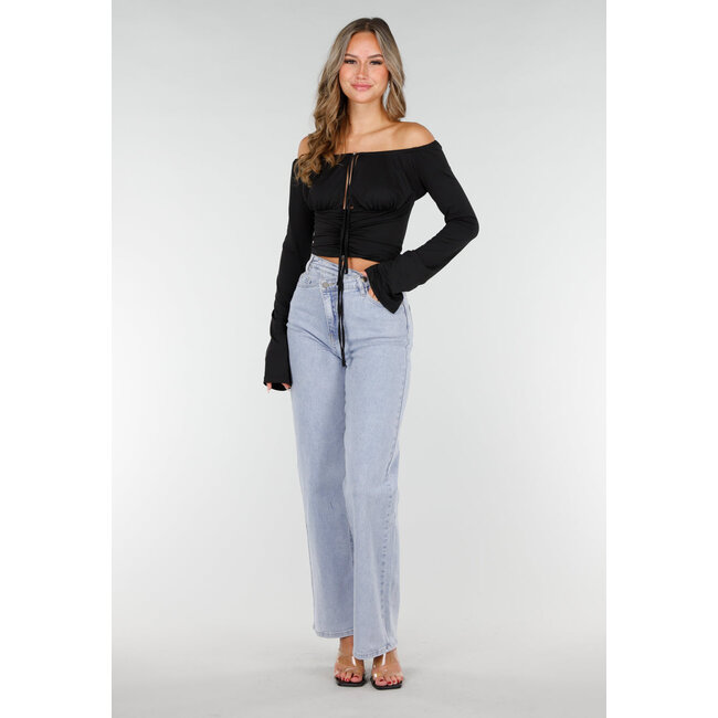 Schwarzes schulterfreies Crop-Top mit Stretch und Schleifen-Verschluss
