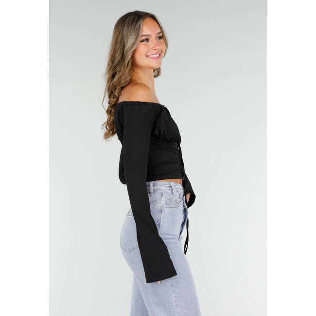 Schwarzes schulterfreies Crop-Top mit Stretch und Schleifen-Verschluss